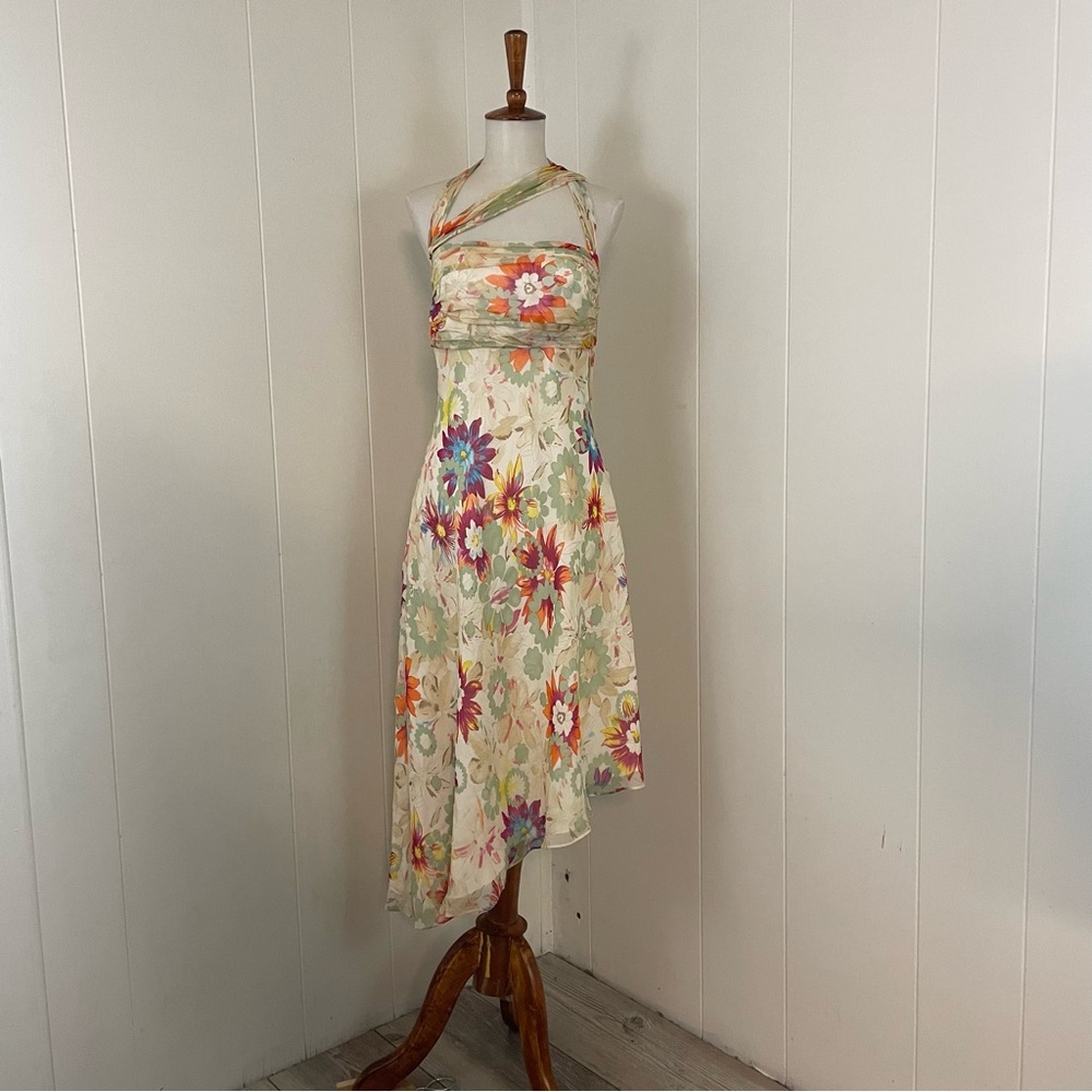 Vintage 90s Laundry Shelli Segal Silk Floral Asymmetrical Hem Midi Dress